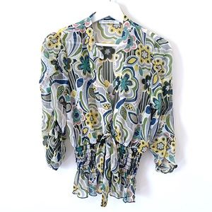 Coco & Tashi Floral Sheer Deep Open V-Neck Blouse